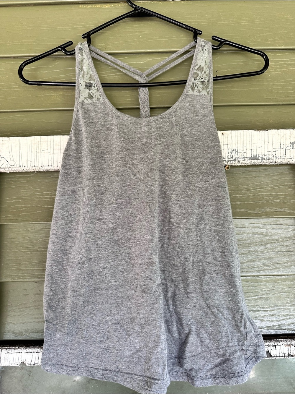 Grey Lace-Accent Braided-Back Tank Top